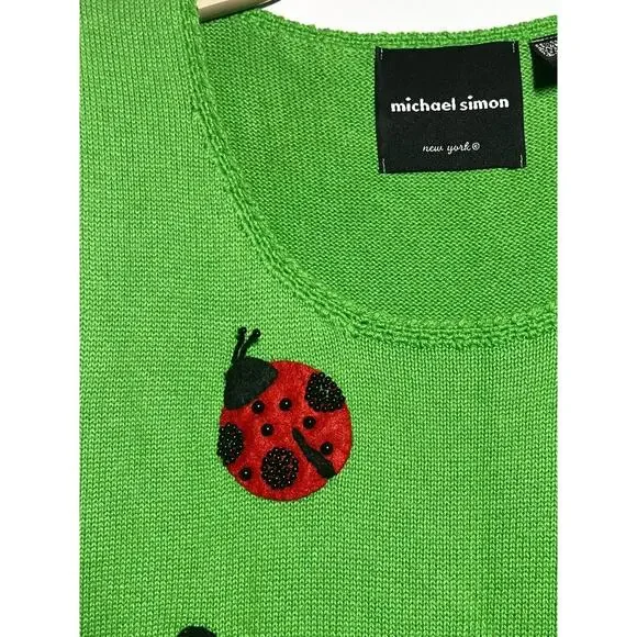 Michael Simon EUC Green Beaded Ladybug Sleeveless Sweater Dress M Vintage VTG - Picture 2 of 5